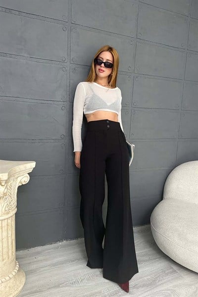 Kadın Siyah Yüksek Bel Düğme Detaylı Bol Paça Kumaş Pantolon MLB220