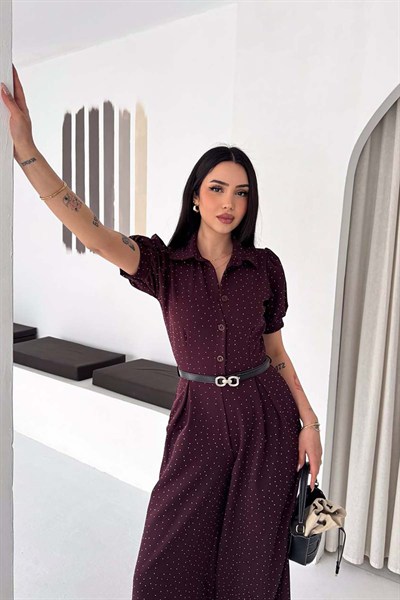 Kadın Mor Taş Detaylı Kemerli Bol Paça Tulum MLBK4592