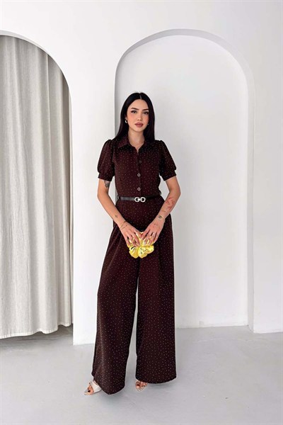 Kadın Mor Taş Detaylı Kemerli Bol Paça Tulum MLBK4592