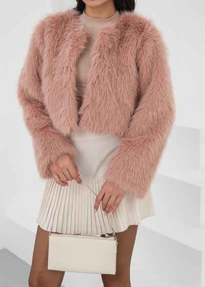 Kısa Kürk Pembe  Agraflı Kadın Mont