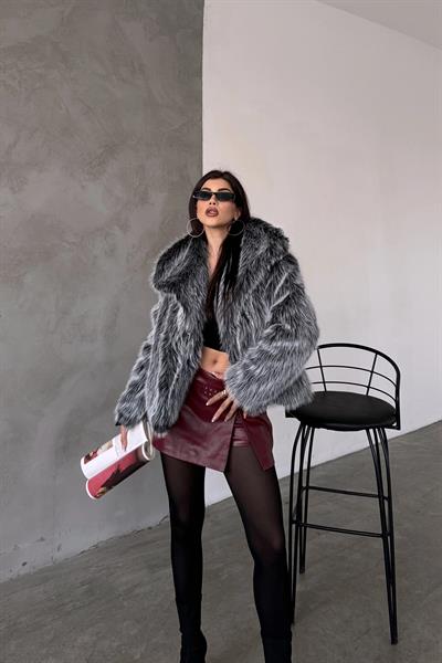 Kadın Gri Oversize Premium Kırçıllı Kürk Kaban MLB00006