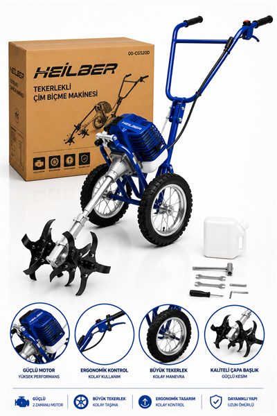 BA011520 Tekerlekli Benzinli Çim Biçme ve Çapa Makinesi 2 Zamanlı Güçlü Motor Bahçe Toprak İşleme Makinesi