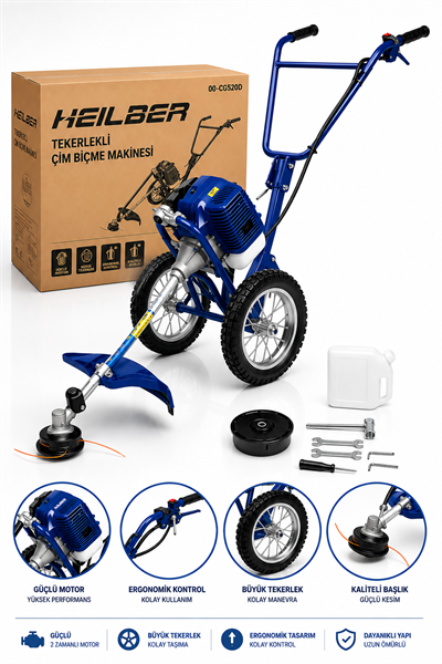 BA011521 Tekerlekli Benzinli Ot Çim Biçme Makinesi 2 Zamanlı Motorlu Tırpan Bahçe Çim Kesme Makinesi