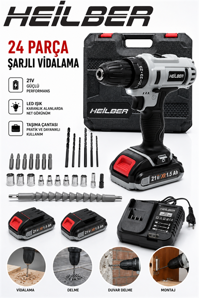 BA011526 21V Akülü Matkap Şarjlı Vidalama Makinesi 24 Parça Set 2 Akü 1 Şarj Cihazı Çantalı Profesyonel