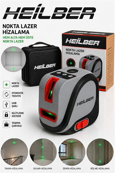 BA011527 Yeşil Nokta Lazer Hizalama Cihazı Otomatik Terazili Şaküllü Lazer USB Şarjlı Taşıma Çantalı