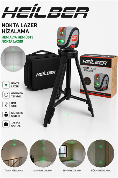 BA011528 Yeşil Nokta Lazer Hizalama Cihazı Otomatik Terazili Şaküllü Lazer USB Şarjlı Taşıma Çantalı Tripodlu