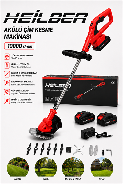 BA011529 Akülü Çim Biçme Makinesi 21V 10000 Devir 2 Bataryalı 1 Şarjlı  Ot Çim Kesme Makinesi Testere Bıçaklı