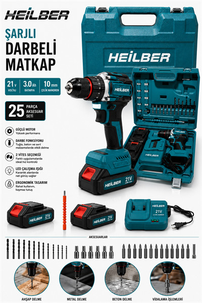 BA011530 Şarjlı Darbeli Matkap 21V 3.0Ah Kömürsüz 10 mm Metal Mandren 2 Akülü 25 Parça Profesyonel Vidalama Seti