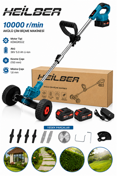 BA011531 Tekerlekli Akülü Çim Biçme Makinesi 36V Çift Akülü Kömürsüz Motor Misinalı Tırpan Ot Kesme Makinesi