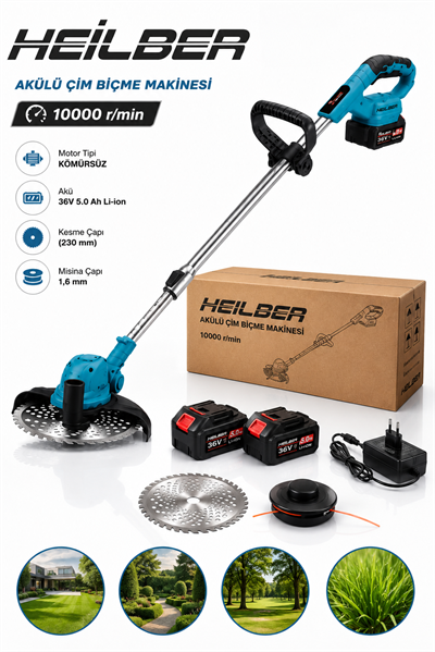 BA011533 Akülü Çim Biçme Makinesi 36V Çift Akülü Kömürsüz Motor Misinalı Tırpan ve Çelik Diskli Ot Biçme Makinesi