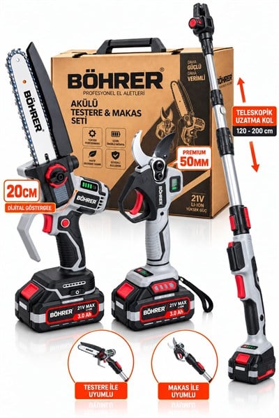 BÖHRER 21V 3.0Ah Çift Akülü Budama Seti – 50 mm Akülü Dal Budama Makası + 20 cm Mini Zincirli Testere + 120-200 cm Teleskopik Uzatma Kolu + Taşıma Çantası
