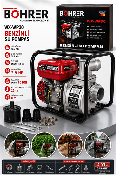 BÖHRER BA011364 BENZİNLİ SU POMPASI - SAATE 80 TON SU - 8M EMİŞ - 25M DİK - 3 PARMAK-80A-3İNÇ