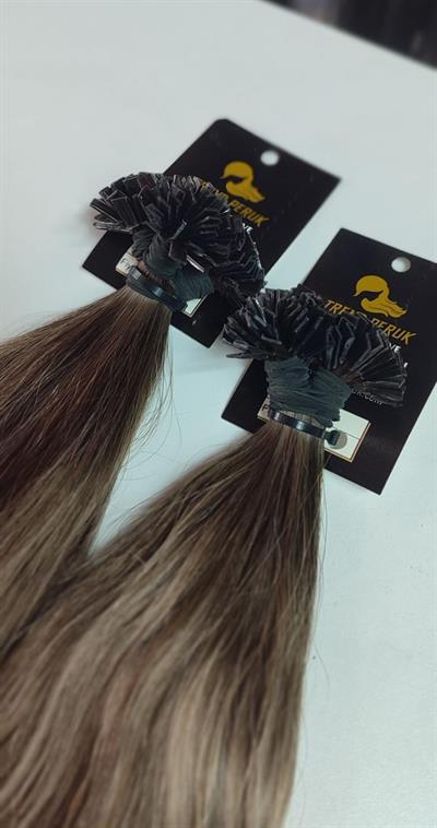 70cm.60gr.100 Adet Premium Serisi Mikrokaynak Saç Dalgalı Kahve Platin Röfleli Renk