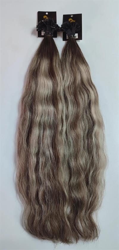 70cm.60gr.100 Adet Premium Serisi Mikrokaynak Saç Dalgalı Kahve Platin Röfleli Renk