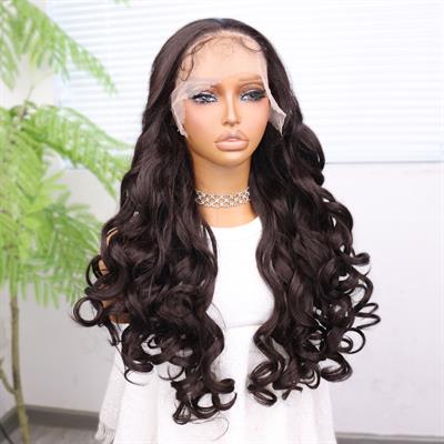 Açık Kahve Bebek Saçlı Fiber Sentetik Yoğun Dalgalı Tül Peruk