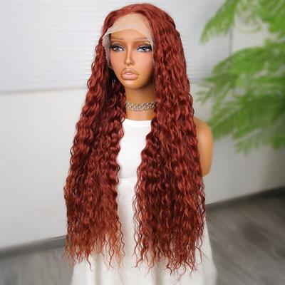 Afro Dalga Koyu Bakır Fiber Sentetik T Tül Peruk