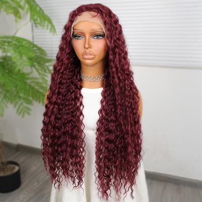 Afro Dalga Koyu Kızıl Fiber Sentetik T Tül Peruk