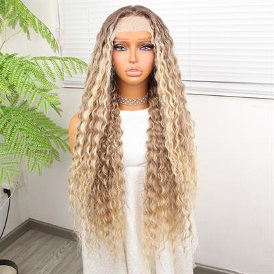 Afro Dalga Kumral Balköpüğü Ombre ve Röfleli Fiber Sentetik Tül Peruk