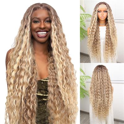 Afro Dalga Kumral Balköpüğü Ombre ve Röfleli Fiber Sentetik Tül Peruk