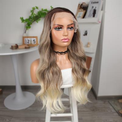 Bebek Kumralı Platin Ombre  ve Röfleli Fiber Sentetik Geniş Dalgalı Tül Peruk