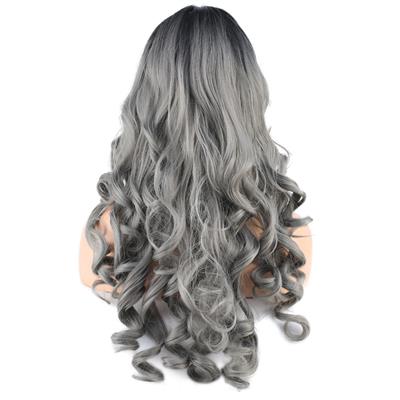 Dalgalı Perçemli Uzun Fiber Sentetik Peruk - Siyah / Gri Ombreli