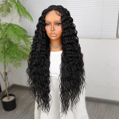 Ekstra Uzun Yoğun Afro Dalga Siyah Fiber Sentetik Geniş T Tül Peruk