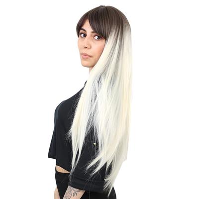 Fiber Sentetik Uzun Düz Kahküllü Peruk - Küllü Açık Kahve / Platin Ombreli