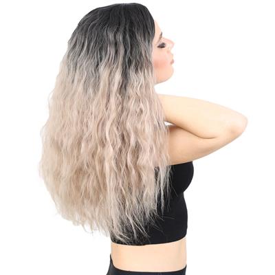 Kabarık Dalgalı Uzun Fiber Sentetik Peruk - Siyah / Küllü Bebek Sarı  Ombreli