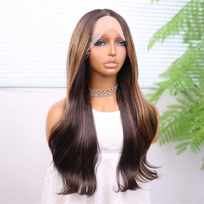 Kahve Karamel Işıltılı Düz Fiber Sentetik Tül Peruk