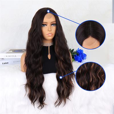 Kahverengi Karamel Işıltılı Su Dalgalı Fiber Sentetik Tül Peruk