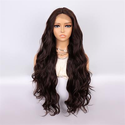 Kahverengi Uzun Dalgalı  Fiber Sentetik Tül Peruk