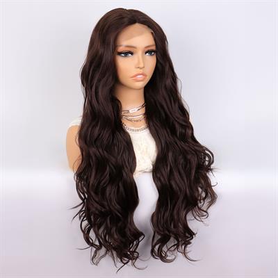 Kahverengi Uzun Dalgalı  Fiber Sentetik Tül Peruk