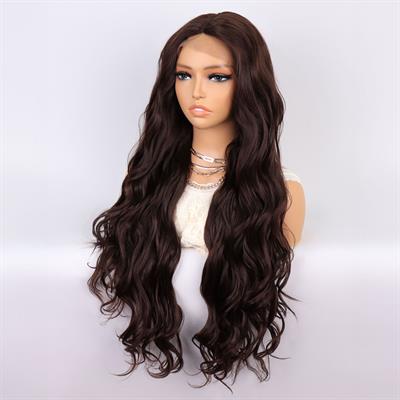 Kahverengi Uzun Dalgalı  Fiber Sentetik Tül Peruk