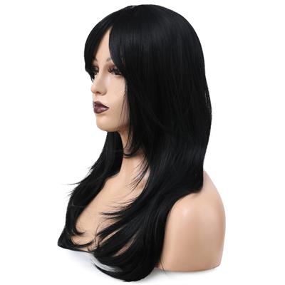 Katlı Kesim Perçemli Düz Fiber Sentetik Orta Boy Peruk - Siyah