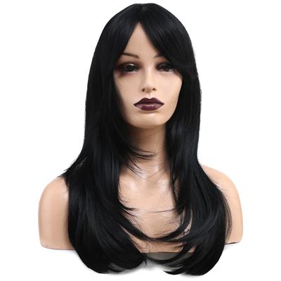 Katlı Kesim Perçemli Düz Fiber Sentetik Orta Boy Peruk - Siyah