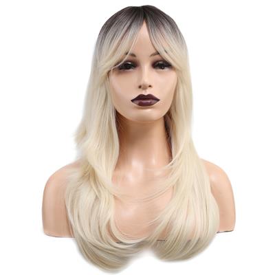 Katlı Kesim Perçemli Düz Fiber Sentetik Orta Boy Peruk - Kahve / Platin Ombreli