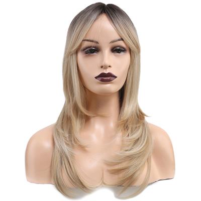 Katlı Kesim Perçemli Düz Fiber Sentetik Orta Boy Peruk - Kahve / Platin Ombre ve Röfleli