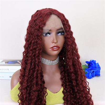 Kızıl Kahve Uzun Kıvırcık Dalgalı Fiber Sentetik Tül Peruk