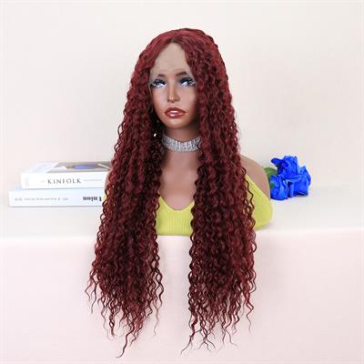 Kızıl Kahve Uzun Kıvırcık Dalgalı Fiber Sentetik Tül Peruk
