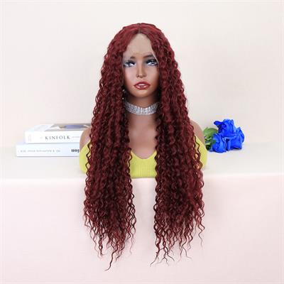 Kızıl Kahve Uzun Kıvırcık Dalgalı Fiber Sentetik Tül Peruk