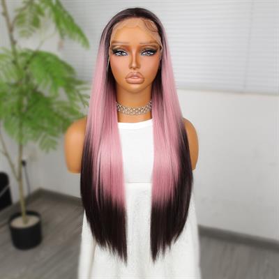 Koyu Kestane Pembe Ombreli Fiber Sentetik Tül Peruk