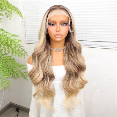 Kumral Dore Sarı Ombre  ve Röfleli Fiber Sentetik Geniş Dalgalı Tül Peruk