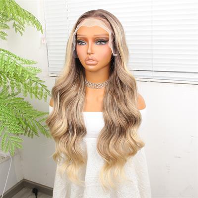 Kumral Dore Sarı Ombre  ve Röfleli Fiber Sentetik Geniş Dalgalı Tül Peruk