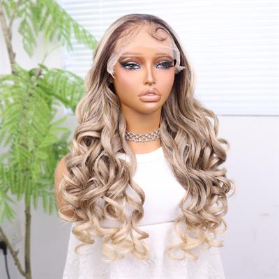 Kumral Platin Ombre Bebek Saçlı Fiber Sentetik Yoğun Dalgalı Tül Peruk