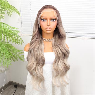 Rus Kumralı Beyaz Platin Ombre  ve Röfleli Fiber Sentetik Geniş Dalgalı Tül Peruk