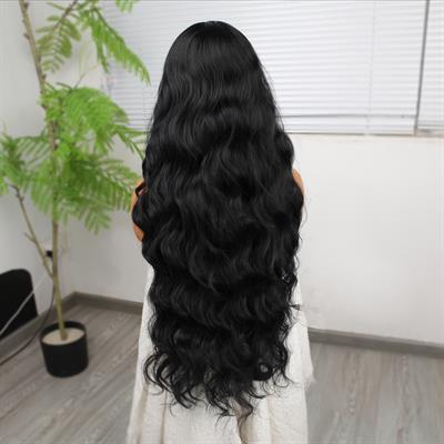Siyah Ekstra Uzun Fiber Sentetik Dalgalı Tül Peruk