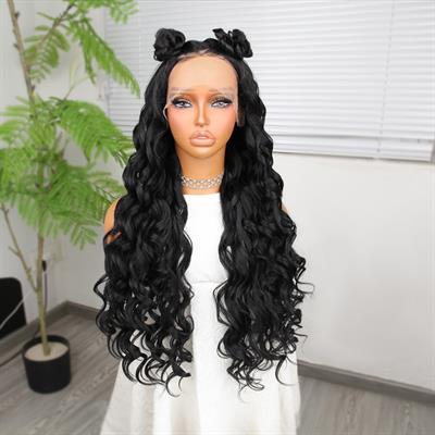 Siyah Fiber Sentetik Yoğun Dalgalı Tül Peruk