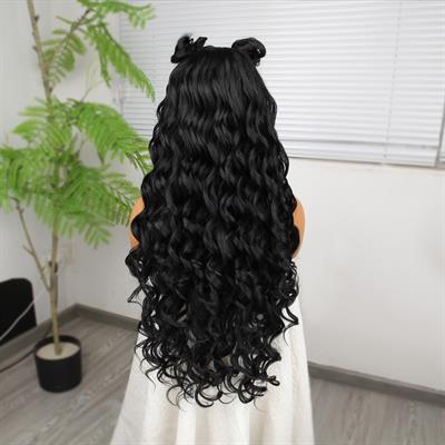 Siyah Fiber Sentetik Yoğun Dalgalı Tül Peruk