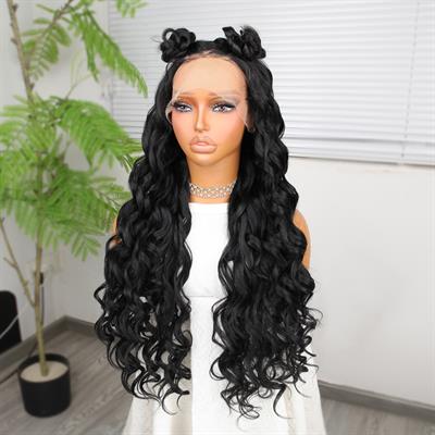 Siyah Fiber Sentetik Yoğun Dalgalı Tül Peruk