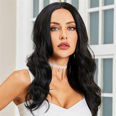 Siyah Geniş Dalgalı Fiber Sentetik Tül Peruk